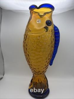 Blenko Handmade Amber Cobalt Fish Vase Art Glass Blue Fin 16