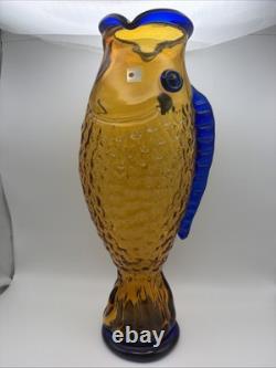 Blenko Handmade Amber Cobalt Fish Vase Art Glass Blue Fin 16