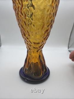 Blenko Handmade Amber Cobalt Fish Vase Art Glass Blue Fin 16