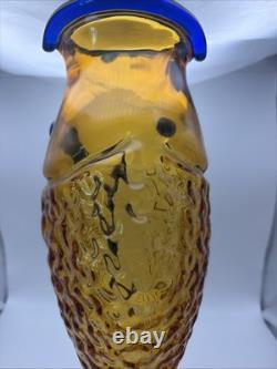 Blenko Handmade Amber Cobalt Fish Vase Art Glass Blue Fin 16
