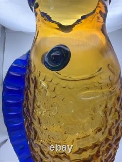 Blenko Handmade Amber Cobalt Fish Vase Art Glass Blue Fin 16