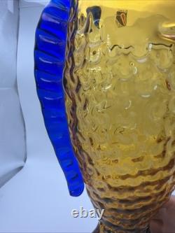 Blenko Handmade Amber Cobalt Fish Vase Art Glass Blue Fin 16