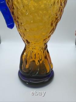 Blenko Handmade Amber Cobalt Fish Vase Art Glass Blue Fin 16