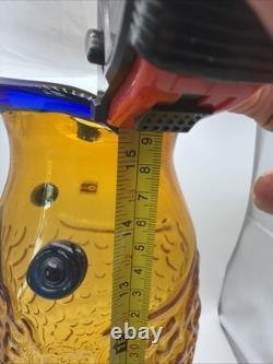 Blenko Handmade Amber Cobalt Fish Vase Art Glass Blue Fin 16