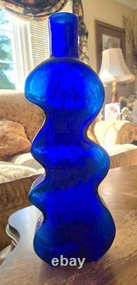 Blenko Handmade Cobalt Blue Squiggle Wiggle Puzzle Art Glass Vase 16 MCM