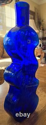 Blenko Handmade Cobalt Blue Squiggle Wiggle Puzzle Art Glass Vase 16 MCM