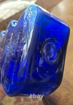 Blenko Handmade Cobalt Blue Squiggle Wiggle Puzzle Art Glass Vase 16 MCM