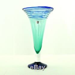 Blenko Vintage Handmade Blown Art Glass Vase Cobalt Blue Applied Swirl 12 ¼