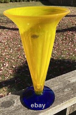 Blenko Yellow And Blue Glass Trumpet Vase With Label Signed Richard Blenko 2001