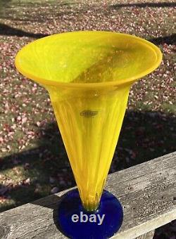 Blenko Yellow And Blue Glass Trumpet Vase With Label Signed Richard Blenko 2001