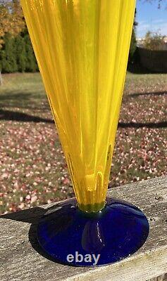 Blenko Yellow And Blue Glass Trumpet Vase With Label Signed Richard Blenko 2001