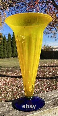 Blenko Yellow And Blue Glass Trumpet Vase With Label Signed Richard Blenko 2001