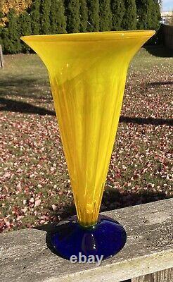 Blenko Yellow And Blue Glass Trumpet Vase With Label Signed Richard Blenko 2001