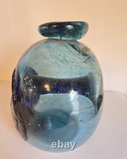 Blown Art Glass Vase Signed BLODGETT Brutalist Blue 6 Tall Heavy One of a Kind
