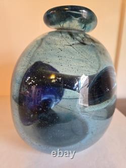 Blown Art Glass Vase Signed BLODGETT Brutalist Blue 6 Tall Heavy One of a Kind
