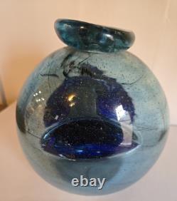 Blown Art Glass Vase Signed BLODGETT Brutalist Blue 6 Tall Heavy One of a Kind