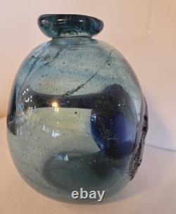 Blown Art Glass Vase Signed BLODGETT Brutalist Blue 6 Tall Heavy One of a Kind