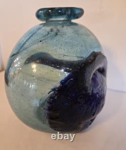 Blown Art Glass Vase Signed BLODGETT Brutalist Blue 6 Tall Heavy One of a Kind