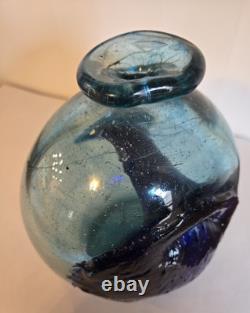Blown Art Glass Vase Signed BLODGETT Brutalist Blue 6 Tall Heavy One of a Kind
