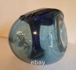 Blown Art Glass Vase Signed BLODGETT Brutalist Blue 6 Tall Heavy One of a Kind