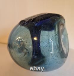 Blown Art Glass Vase Signed BLODGETT Brutalist Blue 6 Tall Heavy One of a Kind