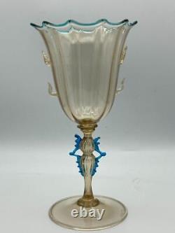 Blue & Amber! Beautiful Signed'salviati' Stemmed Murano Venetian Glass Vase
