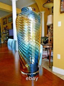 Blue & Amber Blown Murano Glass Vase Swirl 15