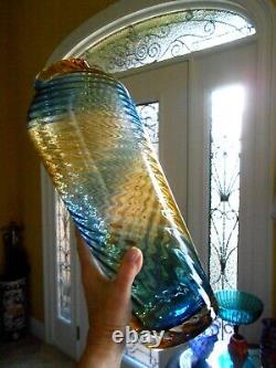 Blue & Amber Blown Murano Glass Vase Swirl 15