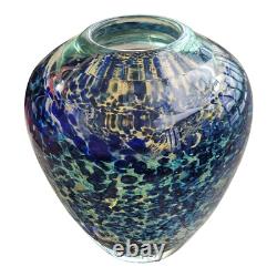 Blue Art Glass Vase Peter Gudrunas Signed Hand Blown Speckled Sirius Glassworks