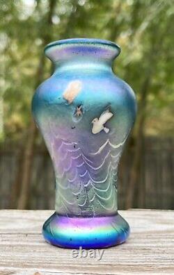 Blue Aurene Art Glass Millefiori Bird and Stars Decorated Miniature Vase