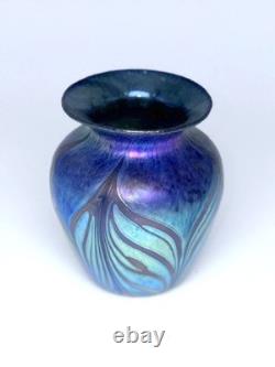 Blue Aurene Vase With Red Feather Design. Blown Glass