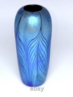 Blue Aurene Vase With Red Feather Design. Blown Glass