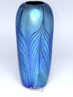 Blue Aurene Vase With Red Feather Design. Blown Glass