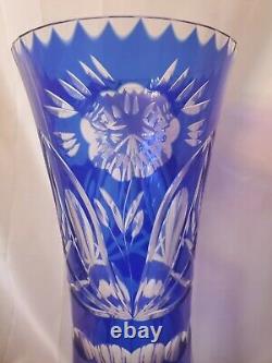 Blue Bohemian vase flower cut to clear HUGE 13-1/2 garden flowers art glass