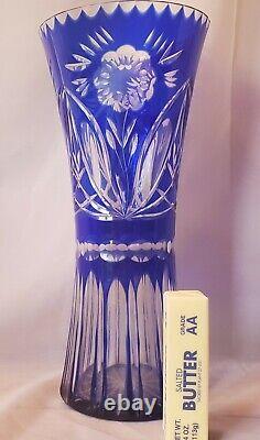 Blue Bohemian vase flower cut to clear HUGE 13-1/2 garden flowers art glass