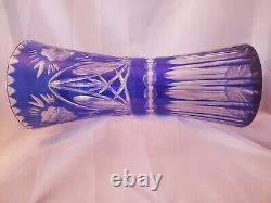Blue Bohemian vase flower cut to clear HUGE 13-1/2 garden flowers art glass