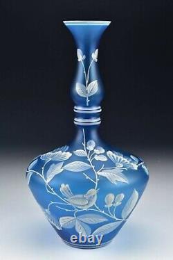 Blue Florentine Cameo Art Glass Vase with Enamel Bird and Flowers