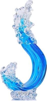 Blue Glass Beach House Decor, Hand Blown Ocean Wave Decorate, Tall Blue Glass