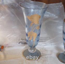Blue Glass Vase Etched Gold Floral Design Glossy Finish Floral Garden Theme