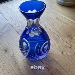 Blue Glass Vase Kiriko Retro Star Bottom Wave Pattern Used