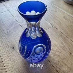 Blue Glass Vase Kiriko Retro Star Bottom Wave Pattern Used