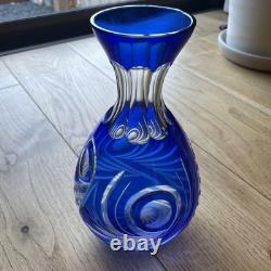 Blue Glass Vase Kiriko Retro Star Bottom Wave Pattern Used