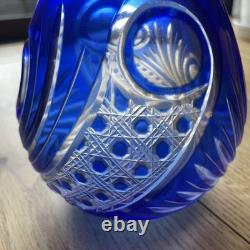 Blue Glass Vase Kiriko Retro Star Bottom Wave Pattern Used