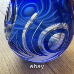 Blue Glass Vase Kiriko Retro Star Bottom Wave Pattern Used