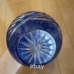 Blue Glass Vase Kiriko Retro Star Bottom Wave Pattern Used