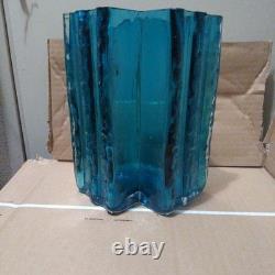 Blue Glass Vase with Ribbed Design, 20cm, Handmade, Blue, Used