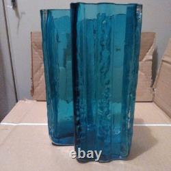 Blue Glass Vase with Ribbed Design, 20cm, Handmade, Blue, Used