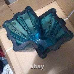 Blue Glass Vase with Ribbed Design, 20cm, Handmade, Blue, Used