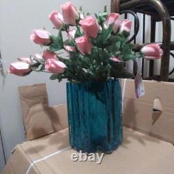 Blue Glass Vase with Ribbed Design, 20cm, Handmade, Blue, Used