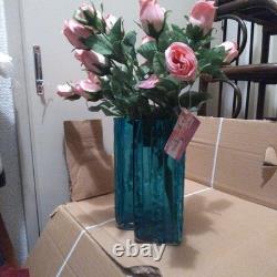 Blue Glass Vase with Ribbed Design, 20cm, Handmade, Blue, Used
